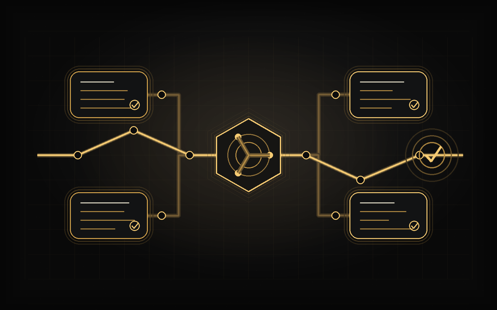 Abstract gold evidence trail showing an agent run connected to artifacts, checks, approvals, and final verification.