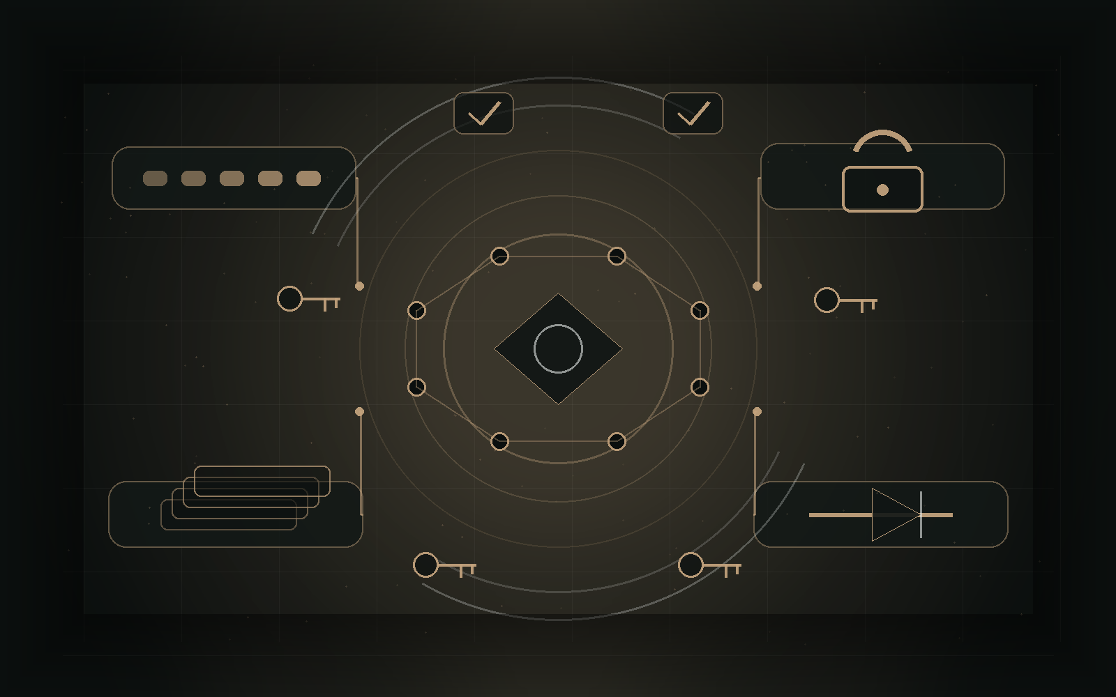 Abstract gold infrastructure diagram showing queues, locks, timeouts, snapshots, and backpressure controls around an agent loop.