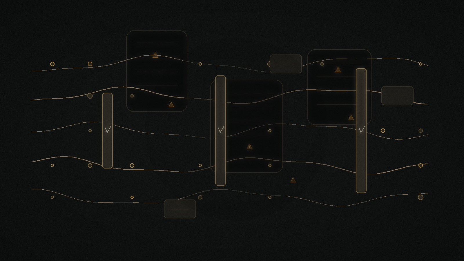 Abstract gold agent traces fading into hidden failure signals and verification gates
