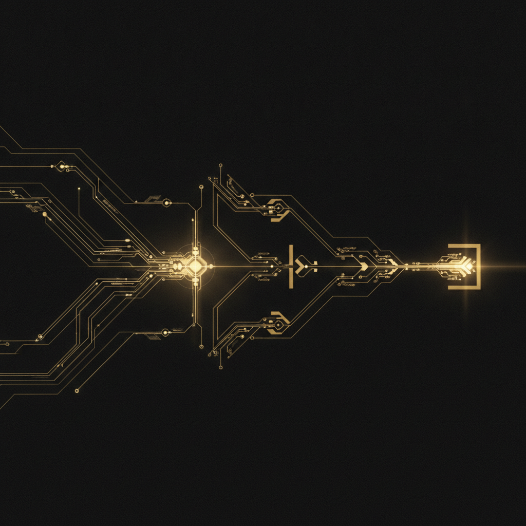 Abstract gold model-routing diagram showing cheap token flows, premium model gates, and an agent control plane balancing cost against evidence.