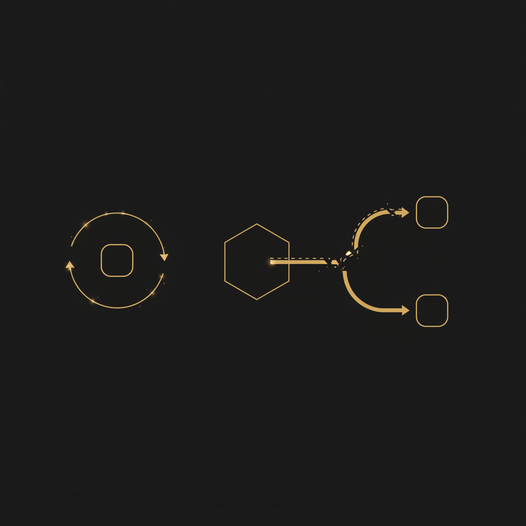 Abstract gold control-loop diagram contrasting a bounded retry path with a recovery path that updates state after failed evidence.