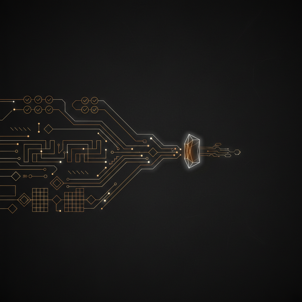 Abstract gold agent traces passing through deterministic rule gates before reaching a smaller LLM judgment node.